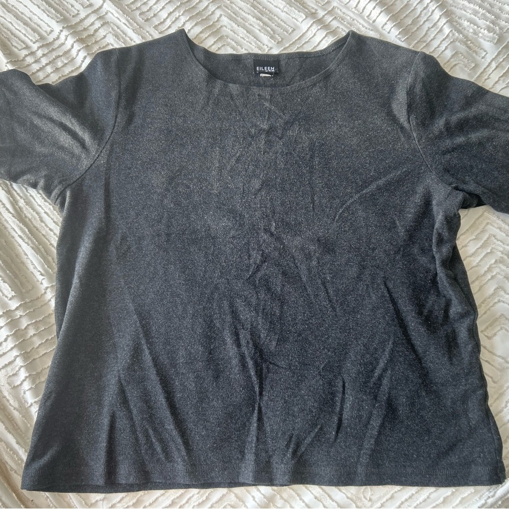 EILEEN FISHER Gray Crewneck Soft Short-Sleeve Top